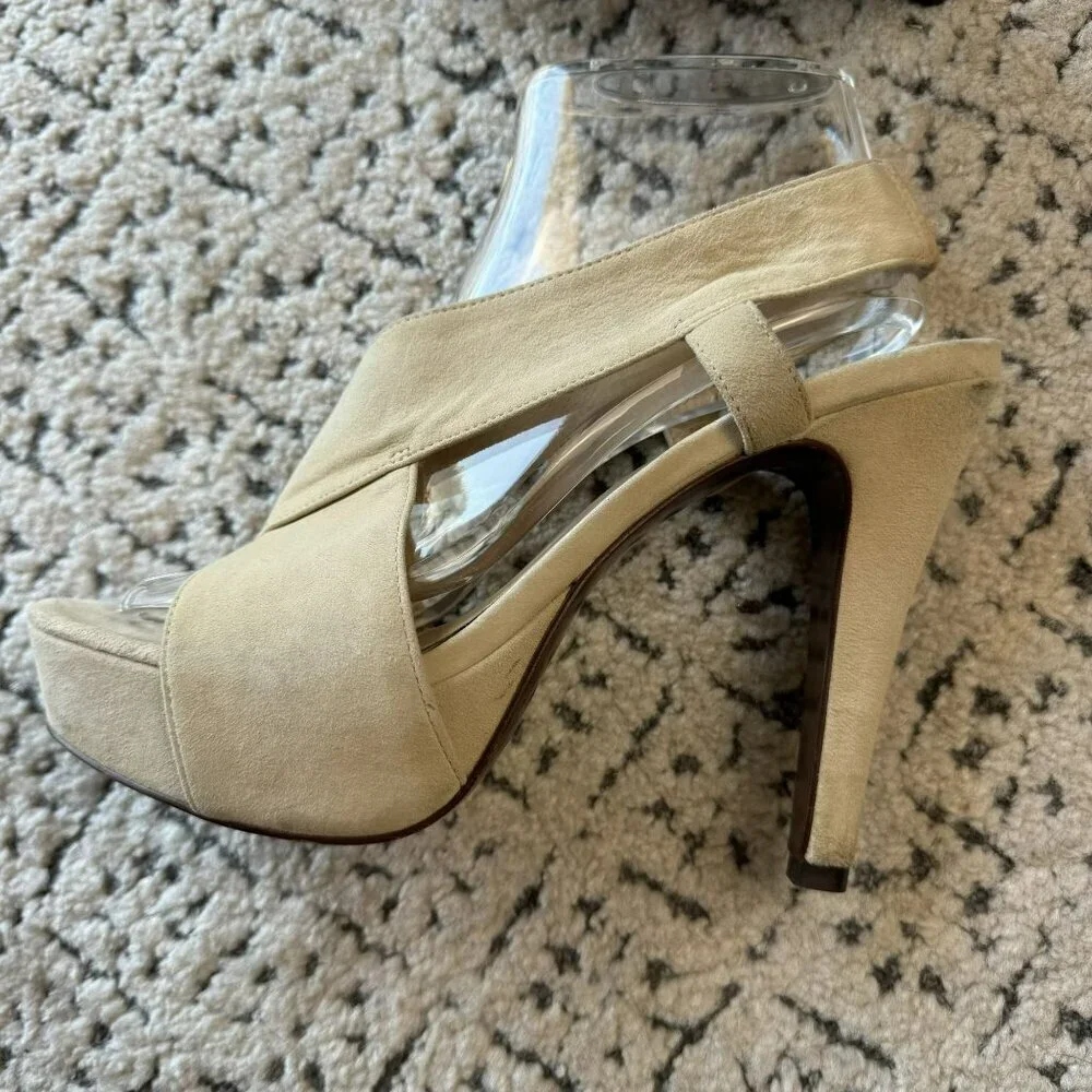 Diane Von Furstenberg Beige Suede Peep-Toe Heels 4.5